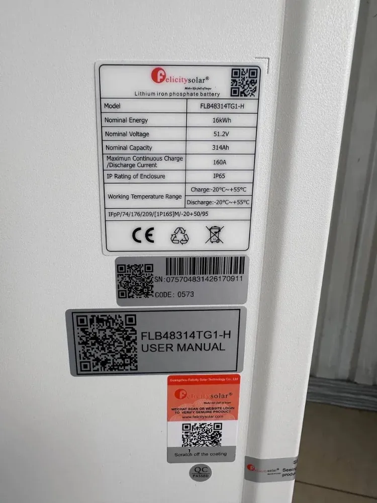 Паспортна табличка Felicity FLB48314TG1-H: 16 kWh, 51.2 V, 314 Ah, 160 A, IP65, заряд і розряд −20…+55 °C