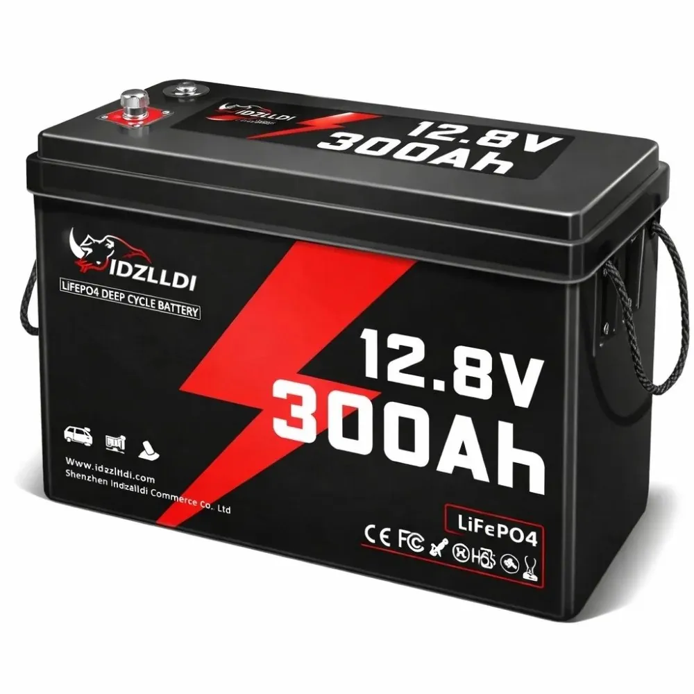 Акумулятор IDZLLDI LiFePO4 12,8 В 300 А·год: чорний корпус із червоною блискавкою, дві мотузкові ручки, клеми зверху