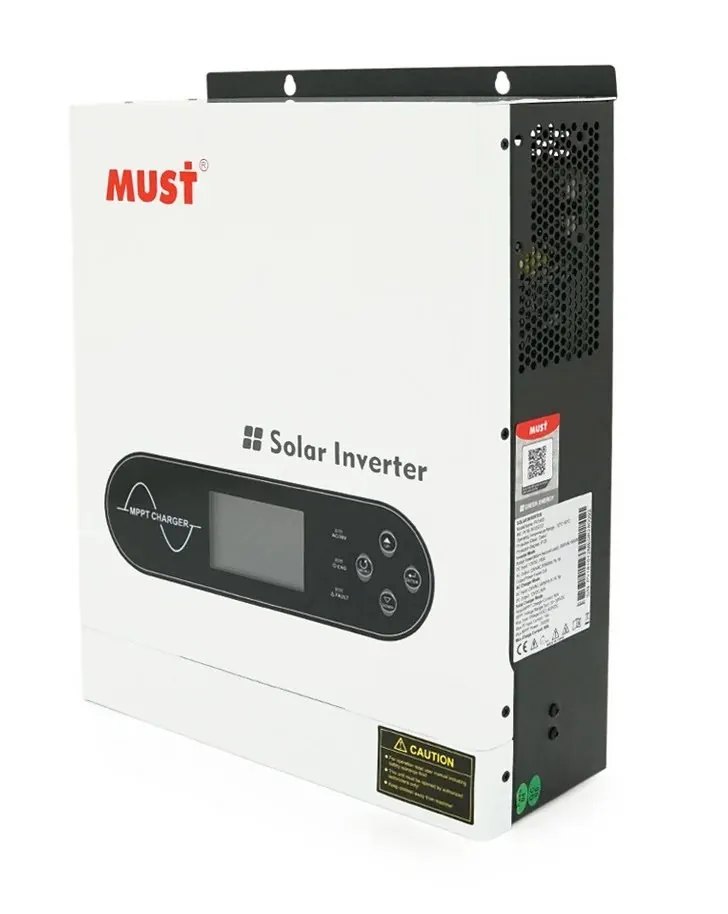 Гібридний інвертор Must PV18-2012 ECO: білий настінний корпус із логотипом Must, панель з LCD-дисплеєм і кнопками, чорний бік із вентиляційною решіткою