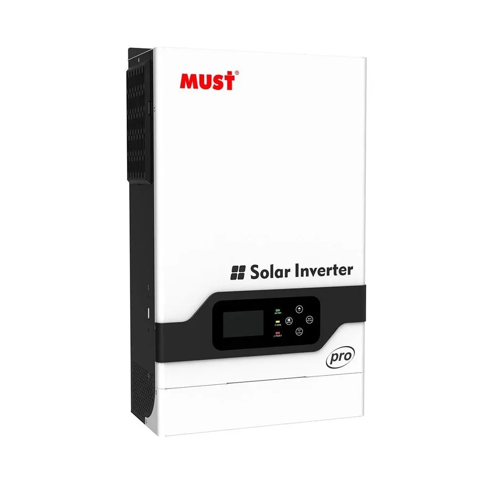 Must PV18-6048 PRO спереду: білий корпус, червоний логотип Must, напис Solar Inverter, дисплей і знак PRO